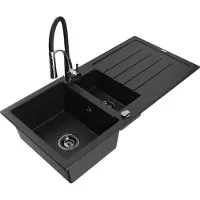 Mexen Andres granieten gootsteen 1,5-kamer met afdruiprek en keukenmengkraan Aster, zwart - 6515-77-73450-07-B