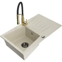 Mexen Cesar granieten gootsteen 1-komorige met afdruiprek en keukenmengkraan Aster, beige - 6514-69-73450-57-B