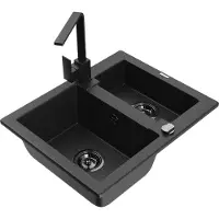 Mexen Carlos granieten spoelbak 1,5-kamer met keukenmengkraan Rita, zwart/zilver metallic - 6518-73-670300-70-B