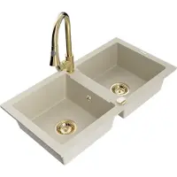 Mexen Mario granieten gootsteen, 2 compartimenten met keukenmengkraan Elia, beige - 6504-69-670101-50