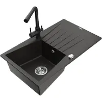 Mexen Cesar granieten spoelbak 1-bak met afdruiprek en keukenmengkraan Duero, zwart/goud metallic - 6514-75-671600-70