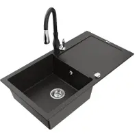 Mexen Leo granieten spoelbak met 1 bak en afdruiprek en keukenmengkraan Savita, zwart/goud metallic - 6501-75-672601-70
