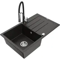Mexen Bruno granieten gootsteen met 1 kom, afdruiprek en keukenmengkraan Aster, zwart/goud metallic - 6513-75-73450-07