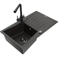 Mexen Cesar granieten gootsteen 1-kamer met afdruiprek en keukenkraan Duero, zwart/goud metallic - 6514-75-671600-70-B