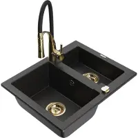 Mexen Carlos granieten gootsteen 1,5-kamer met keukenmengkraan Aster, zwart/zilver metallic - 6518-73-73450-57-G
