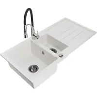 Mexen Andres granieten spoelbak 1,5-komorige met afdruipplaat en keukenmengkraan Aster, wit - 6515-20-73450-07-B