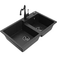 Mexen Tomas granieten gootsteen met 2 compartimenten en Carlabatterij, zwart/zilver metallic - 6516-73-670700-70-B