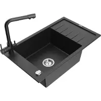 Mexen Elias granieten gootsteen 1-kompartiment met afdruiprek en keukenkraan Duero, zwart/zilver metallic - 6511-73-671600-70