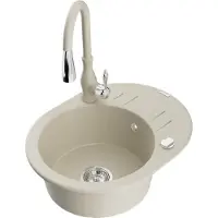 Mexen Kevin granieten gootsteen 1-kompartment met afdruiprek en keukenmengkraan Savita, beige - 6517-69-672601-69
