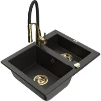 Mexen Carlos granieten 1,5-komorige spoelbak met keukenmengkraan Aster, zwart/goud metallic - 6518-75-73450-57-G