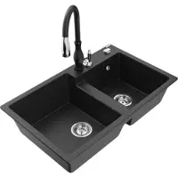 Mexen Tomas granieten gootsteen 2-kamer met keukenmengkraan Savita, zwart/zilver metallic - 6516-73-672601-70