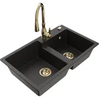 Mexen Tomas granieten spoelbak met 2 kamers en keukenmengkraan Savita, zwart/goud metallic - 6516-75-672601-50
