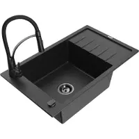 Mexen Elias granieten spoelbak 1-komor met afdruiprek en keukenkraan Aster, zwart/zilver metallic - 6511-73-73450-70-B