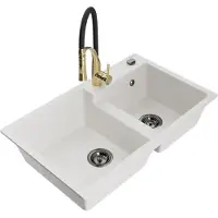 Mexen Tomas granieten gootsteen 2-kamer met keukenmengkraan Aster, wit - 6516-20-73450-57-B
