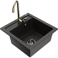 Mexen Vito granieten spoelbak 1-komers met Telma keukenmengkraan, zwart/goud metallic - 6503-75-670200-50-B