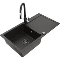 Mexen Leo granieten gootsteen 1-kompartment met afdruiprek en keukenmengkraan Savita, zwart/goud metallic - 6501-75-672601-70-B