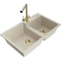 Mexen Tomas granieten spoelbak met 2 kamers en keukenmengkraan Duero, beige - 6516-69-671600-50