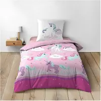 Douceur d'intérieur Dekbedovertrek LICORNE - 2 delen - 140 x 200 cm - 100% katoen 42 draden - Roze, wit, blauw en paars