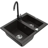 Mexen Carlos granieten gootsteen 1,5-kamer met keukenkraan Telma, zwart/gouden metallic - 6518-75-670200-70