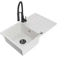 Mexen Bruno granieten spoelbak 1-komers met afdruiprek en keukenmengkraan Aster, wit - 6513-20-73450-70-B