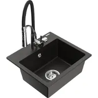Mexen Milo granieten spoelbak 1-kompartyments met keukenkraan Aster, zwart/gouden metallic - 6505-75-73450-07