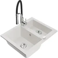 Mexen Carlos granieten gootsteen 1,5-kamer met Astermengkraan, wit - 6518-20-73450-07