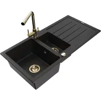 Mexen Andres granieten spoelbak 1,5-komorige met afdruiprek en keukenkraan Duero, zwart - 6515-77-671600-50