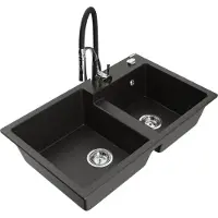 Mexen Tomas granieten gootsteen met 2 koen en keukenkraan Aster, zwart/goud metallic - 6516-75-73450-07