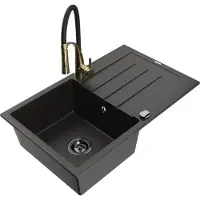 Mexen Bruno granieten gootsteen 1-komorige met afdruipplaat en keukenkraan Aster, zwart/goud metallic - 6513-75-73450-57-B