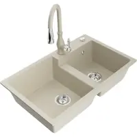 Mexen Tomas granieten spoelbak 2-kamer met keukenkraan Savita, beige - 6516-69-672601-69