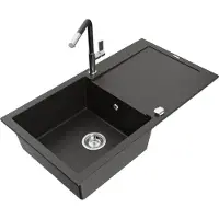 Mexen Leo granieten gootsteen 1-kompartment met afdruiprek en keukenkraan Flora, zwart/gouden metallic - 6501-75-670401-07