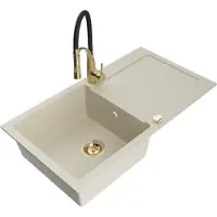 Mexen Leo granieten spoelbak met 1 bak, afdruiprek en keukenmengkraan Aster, beige - 6501-69-73450-57-G