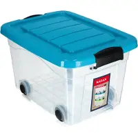 Kadax Kunststof container met wieltjes, 20 l, blauwe opbergdoos van kunststof, organizer met deksel, clipbox voor speelgoed, opbergcontainer met kliksluiting
