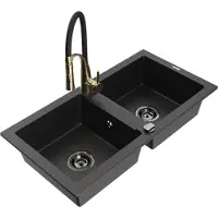 Mexen Mario 2-kamer granieten wasbak met Aster keuken kraan, zwart/zilver metallic - 6504-73-73450-57-B