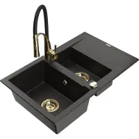 Mexen Gaspar granieten spoelbak 1,5-komor met afdruiprek en keukenmengkraan Aster, zwart/goud metallic - 6507-75-73450-57-G