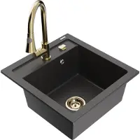 Mexen Vito granieten spoelbak met 1 bak en Elia keukenmengkraan, zwart gespikkeld - 6503-76-670101-50