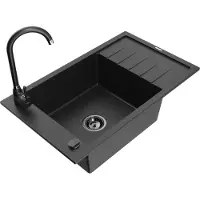 Mexen Elias granieten spoelbak 1-komor met afdruiprek en keukenkraan Telma, zwart/zilver - 6511-73-670200-70-B