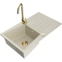 Mexen Cesar granieten gootsteen 1-komors met afdruiprek en keukenmengkraan Telma, beige - 6514-69-670200-50