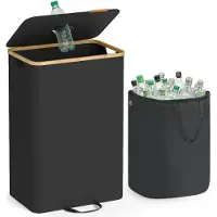 Songmics Verzamelcontainer voor flessen met deksel en uitneembare binnenzak, Inktzwart + Natuurbeige / 95 L