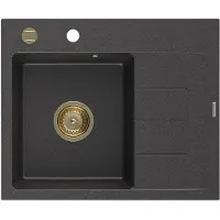 Mexen Ben granieten spoelbak met 1 bak en afdruiprek, links 600 x 500 , zwart gespikkeld, gouden sifon - 6522605000-76-G