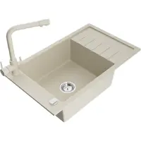 Mexen Elias granieten spoelbak met 1 bak en afdruiprek en keukenmengkraan Duero, beige - 6511-69-671600-69