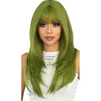 Jojomino Pruik Lange rechte groene synthetische pruik met pony gelaagde rechte middellange anti-hart vrouwen feest cosplay pruik (24 inch)