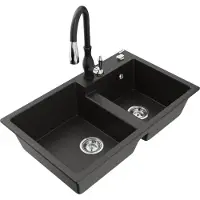 Mexen Tomas granieten gootsteen 2-kamer met keukenmengkraan Savita, zwart/goud metallic - 6516-75-672601-70