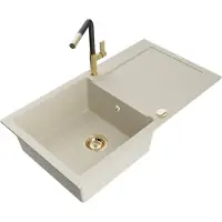 Mexen Leo granieten spoelbak 1-komor met afdruiprek en keukenmengkraan Flora, beige - 6501-69-670401-57-G