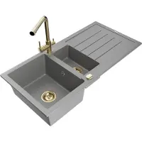Mexen Andres granieten spoelbak 1,5-baks met afdruiprek en keukenmengkraan Duero, grijs - 6515-71-671600-50