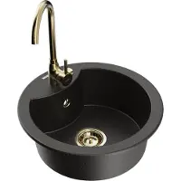 Mexen Diego granieten gootsteen 1-kamer met keukenkraan Telma, zwart/goud - 6512-75-670200-50