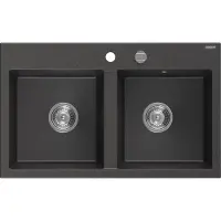 Mexen Hektor granieten gootsteen 2-kamer 800 x 480 , zwart gespikkeld, chromen sifon - 6521802000-76