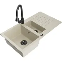 Mexen Matias granieten 1,5-komorige spoelbak met afdruiprek en keukenmengkraan Elia, beige - 6502-69-670101-70