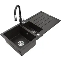 Mexen Andres granieten spoelbak 1,5-komers met afdruiprek en keukenmengkraan Savita, zwart/goud metallic - 6515-75-672601-70