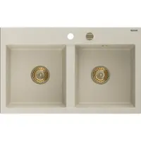 Mexen Hektor granieten gootsteen 2-baks 800 x 480 , beige, gouden sifon - 6521802000-69-G
